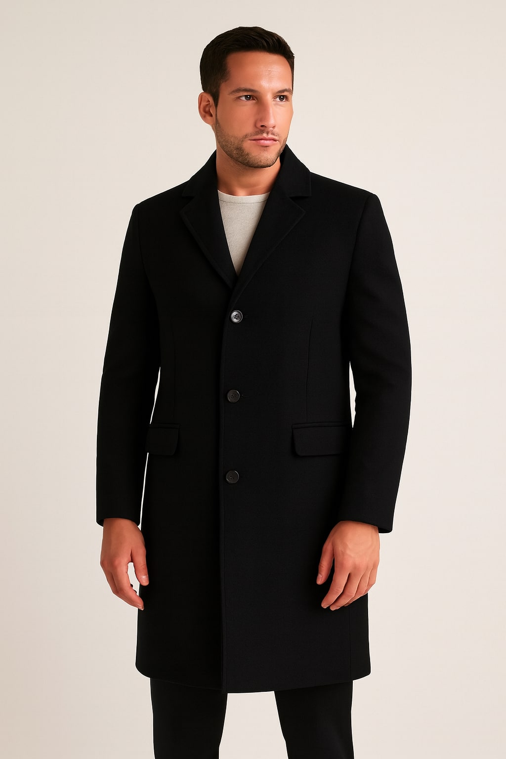 Men's Overcoat in black, knee-length single-breasted wool-look, front view on a model