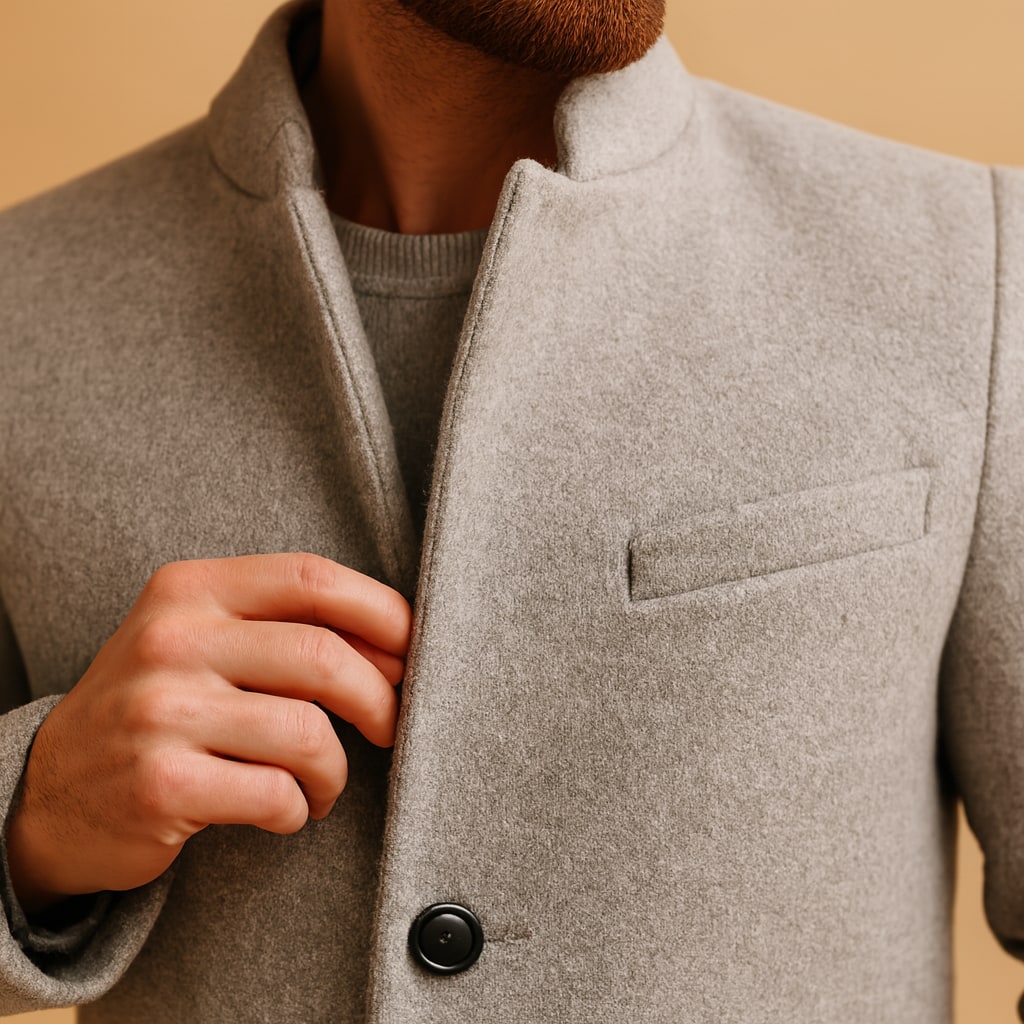 Close-up of the men's overcoat showing the lapel and buttons