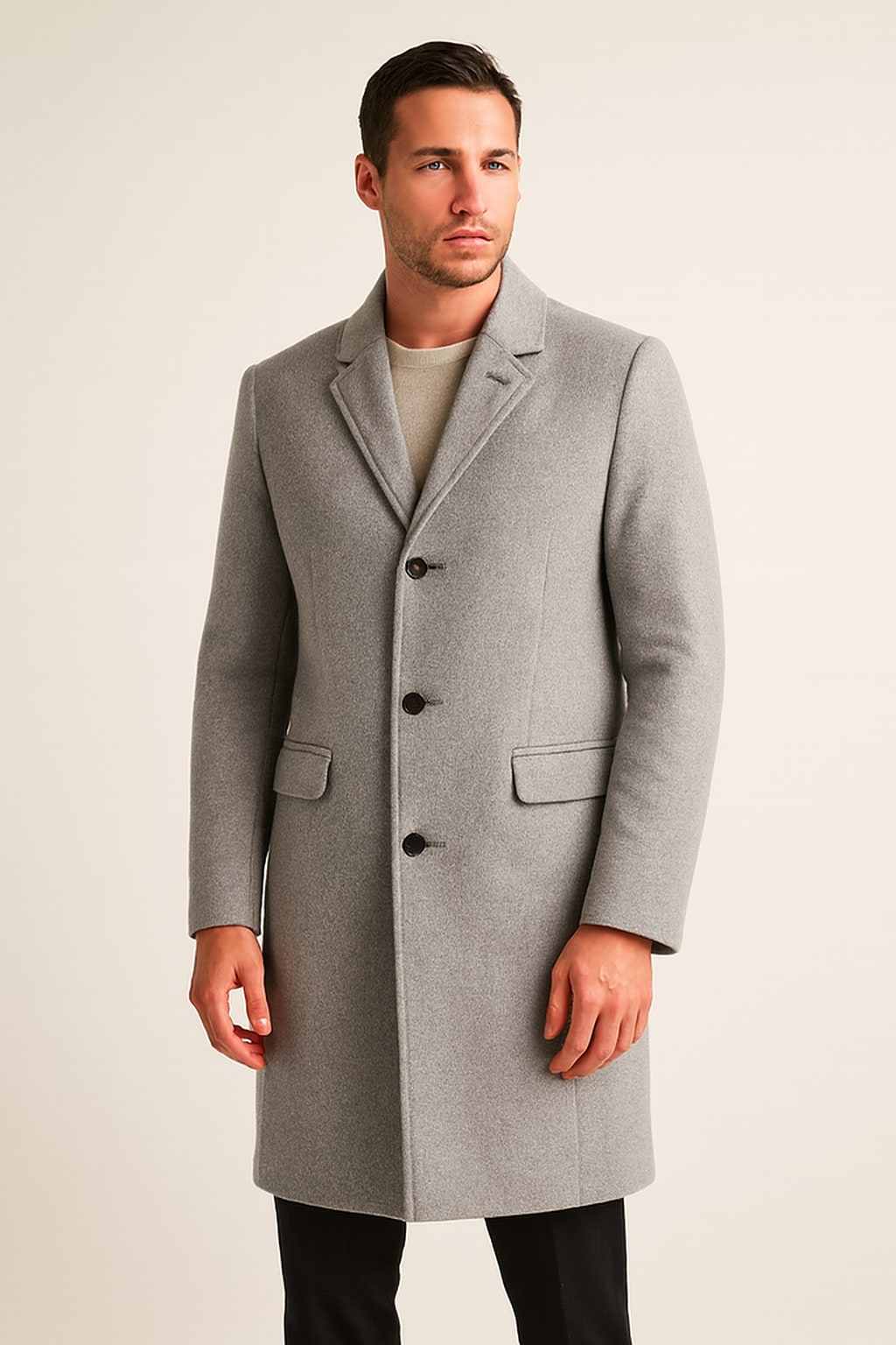 Men's Overcoat in grey, knee-length single-breasted wool-look, front view on a model