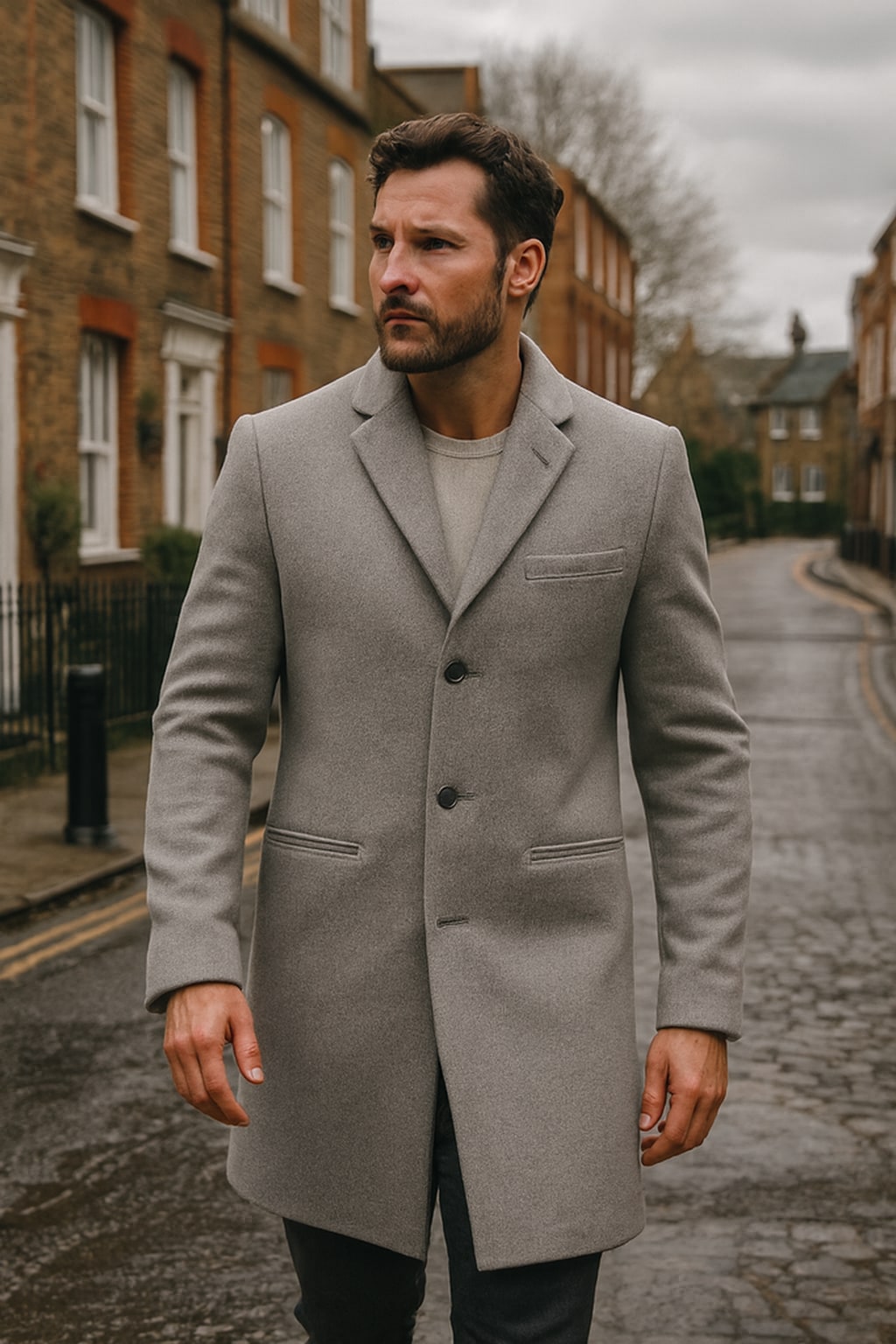 Man wearing the men's overcoat on an autumn street
