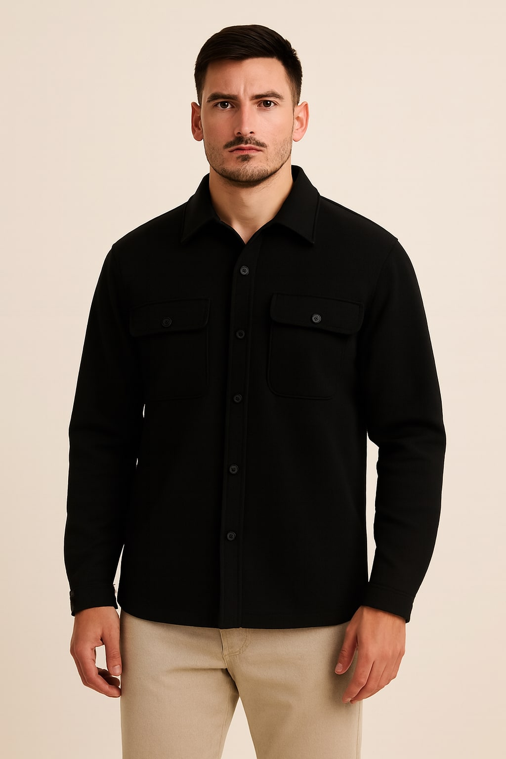 Men's Overshirt in black, soft knit button-up shacket, front view on a model