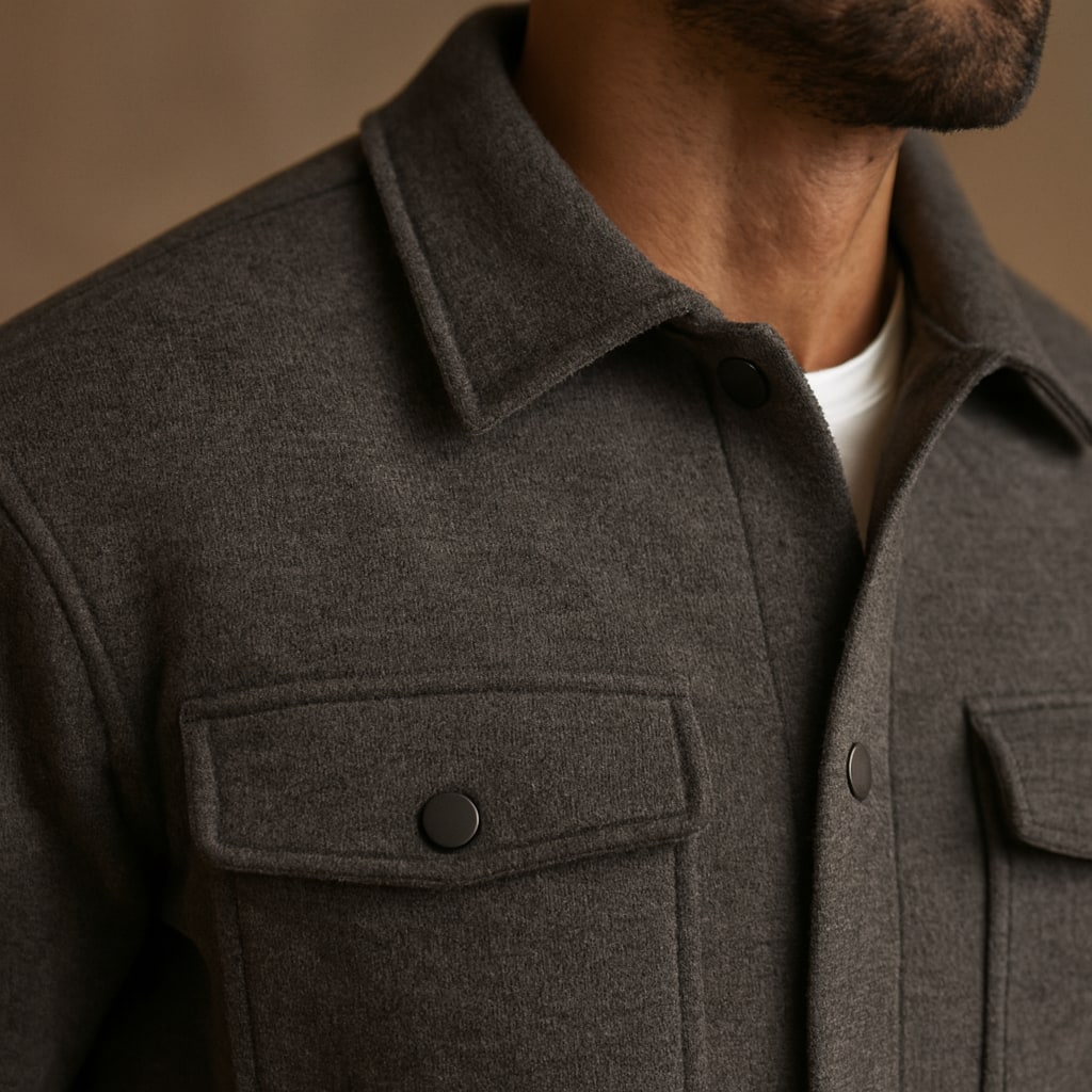 Close-up of the men's overshirt showing the chest pocket and collar