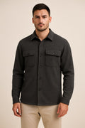 Men's Overshirt in dark grey, soft knit button-up shacket, front view on a model