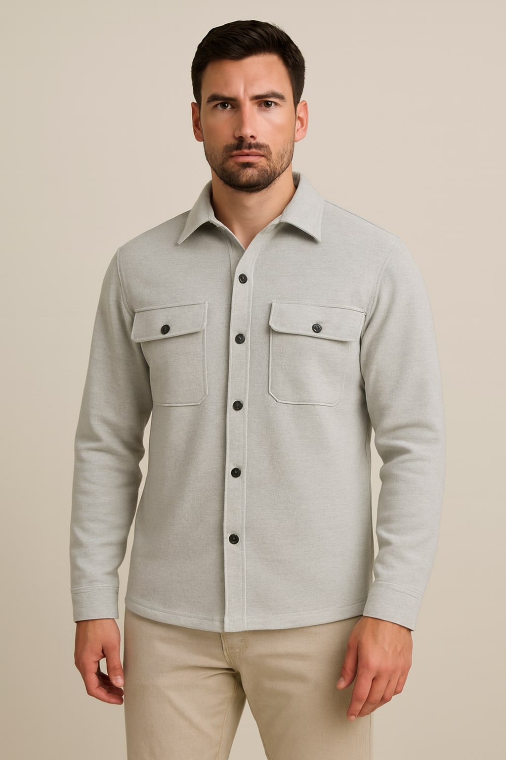 Men's Overshirt in light grey, soft knit button-up shacket, front view on a model