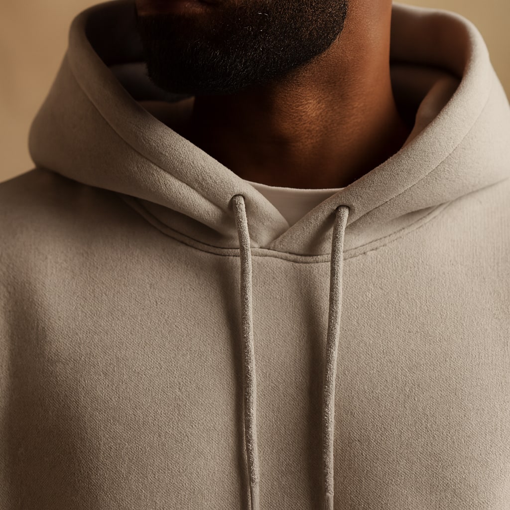 Close-up of the men's oversized tracksuit showing the hood and drawstrings