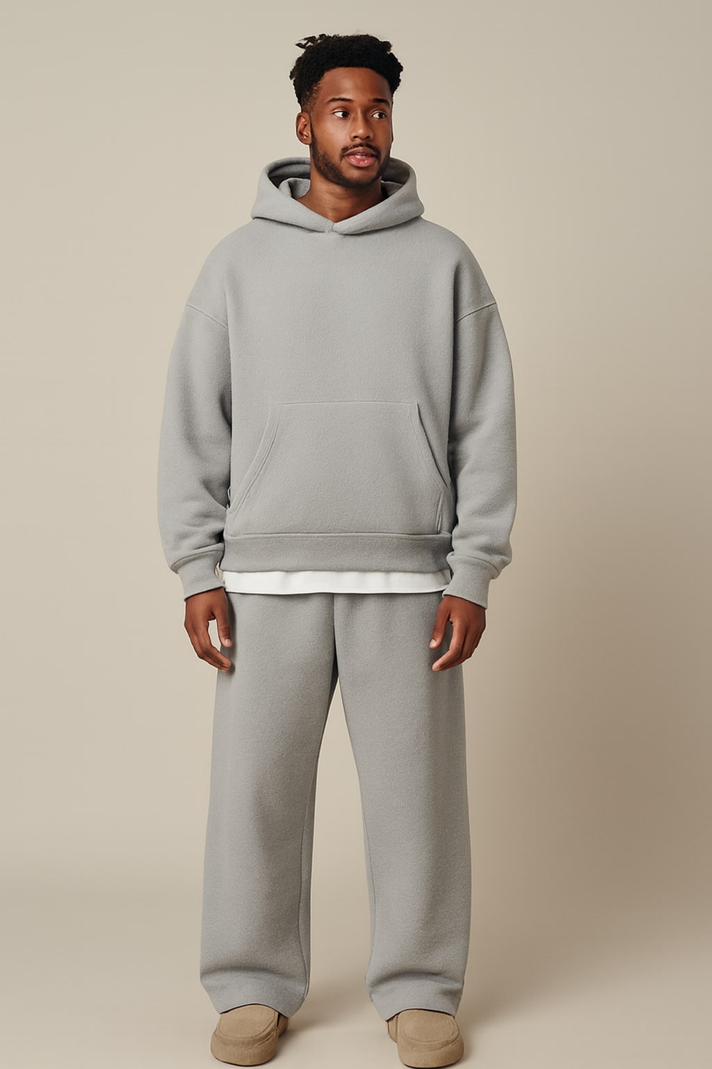 Men's Oversized Tracksuit in light grey, hoodie and jogger set, front view on a model