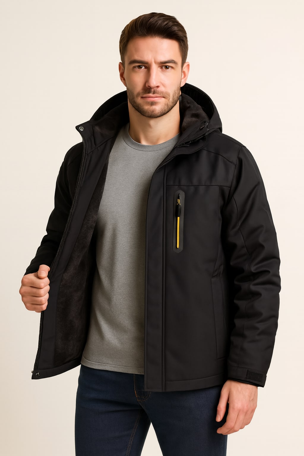 Men's Padded Jacket in black, casual winter jacket, worn open to show the black fleece lining