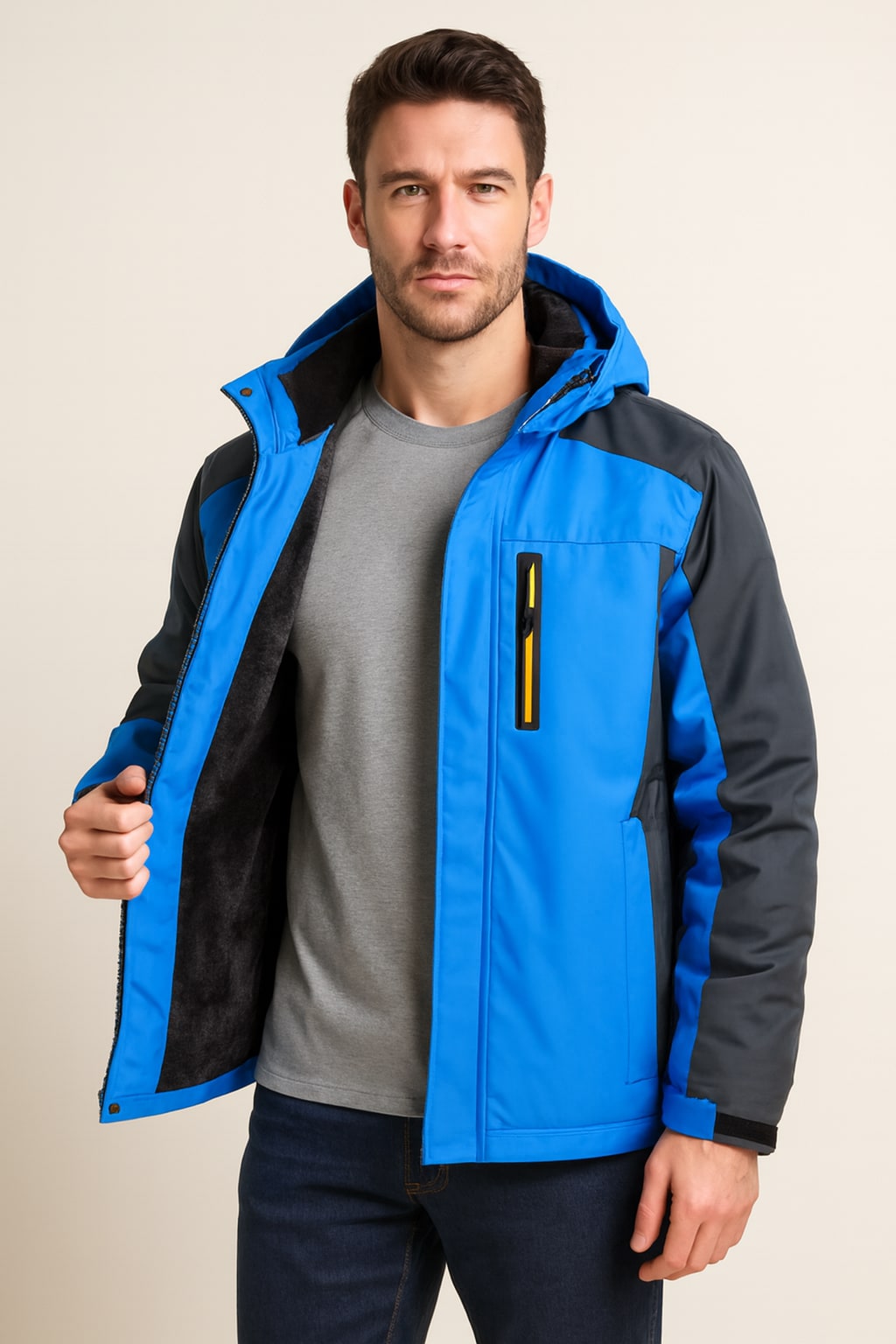 Men's Padded Jacket in blue, casual winter jacket, worn open to show the black fleece lining