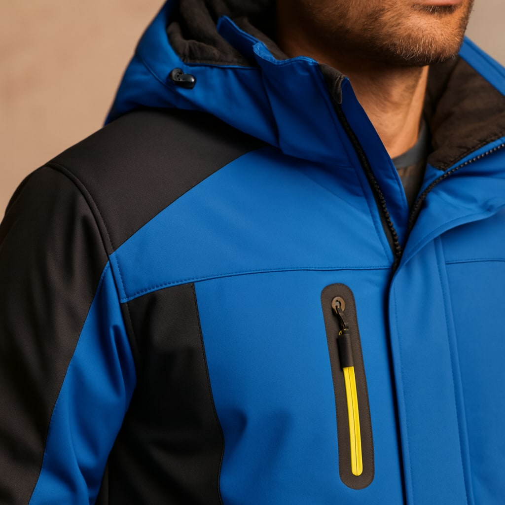 Close-up of the men's padded jacket showing the colour-block panels and chest zip