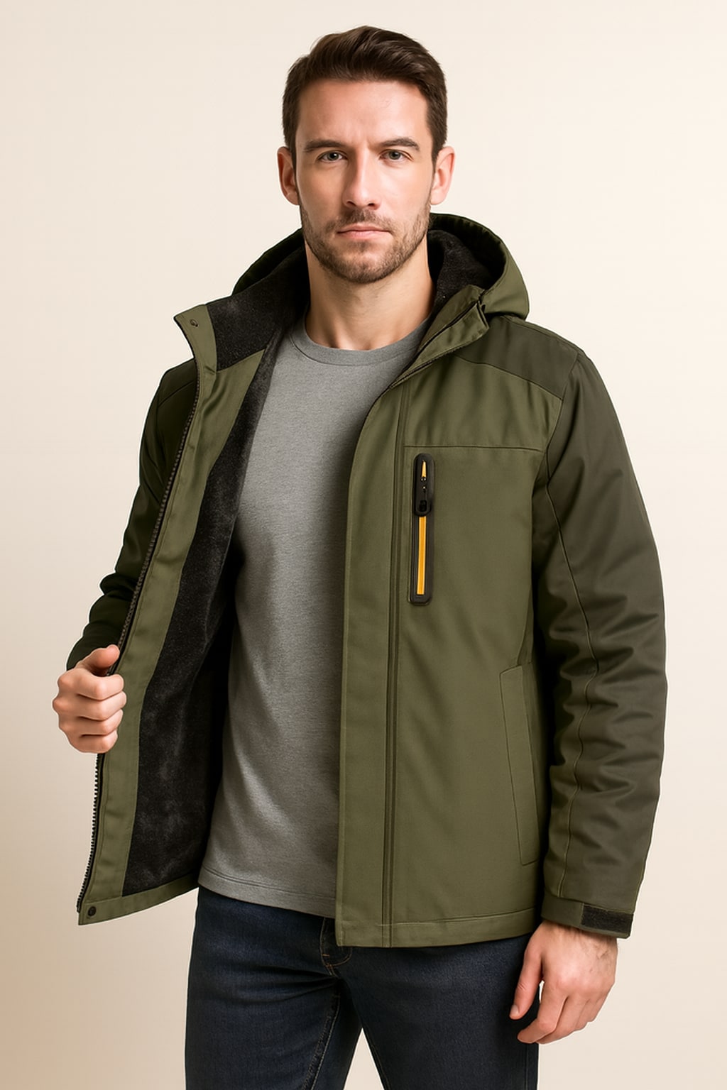 Men's Padded Jacket in green, casual winter jacket, worn open to show the black fleece lining