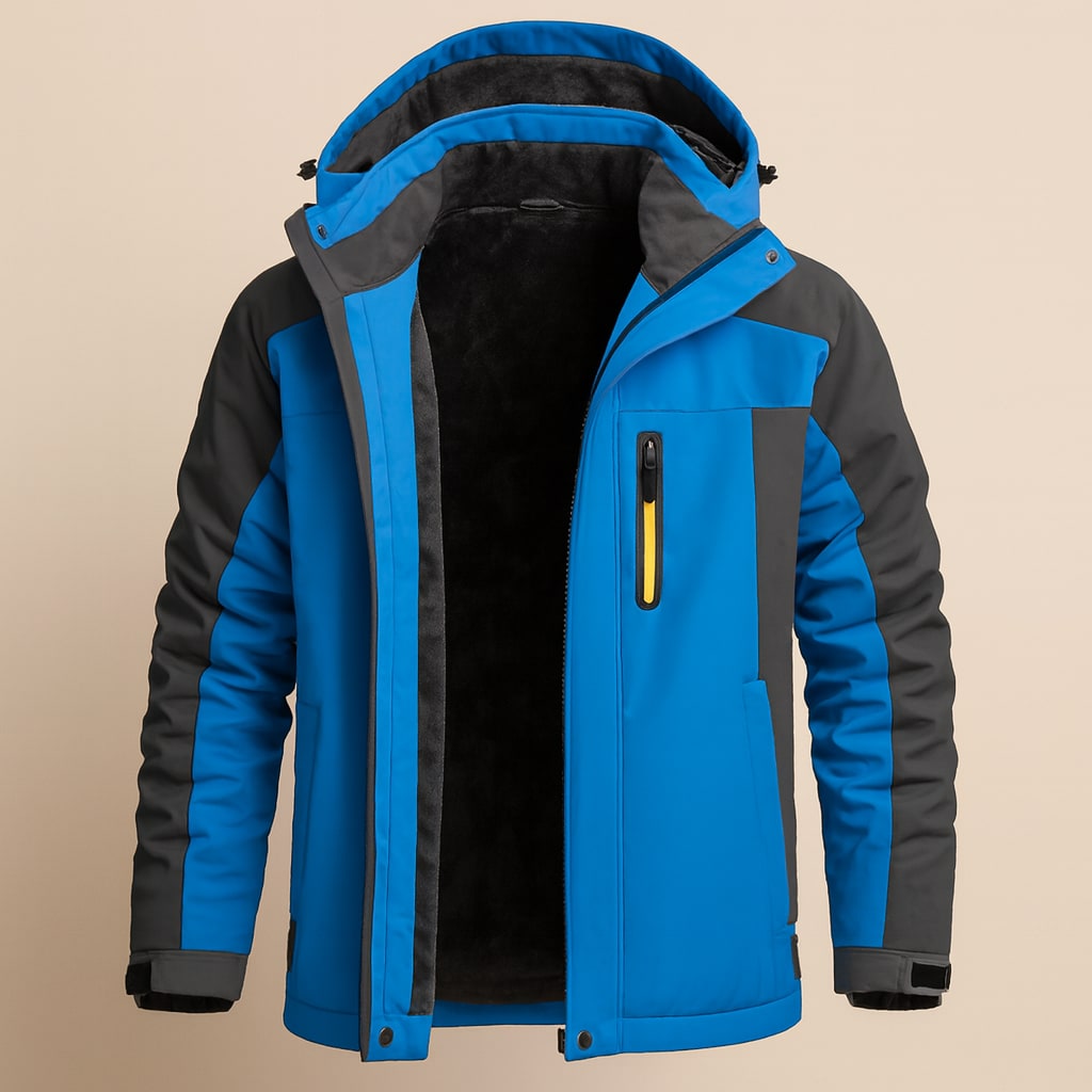 Inside view of the men's padded jacket in blue showing the black fleece lining