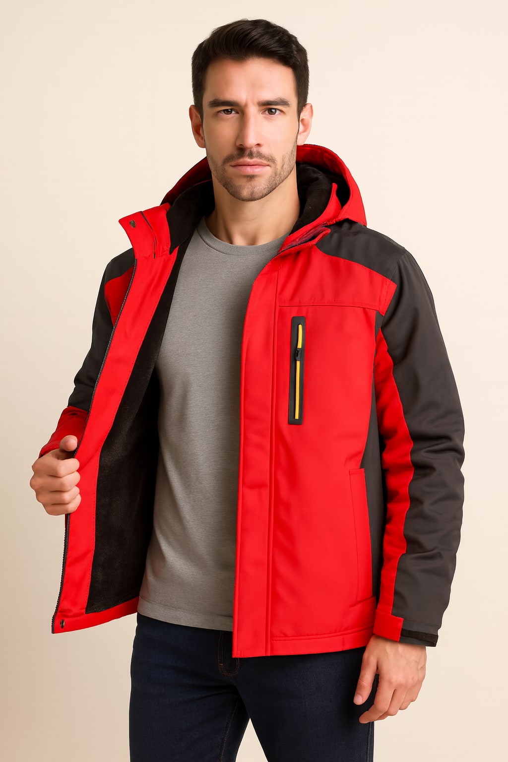 Men's Padded Jacket in red, casual winter jacket, worn open to show the black fleece lining