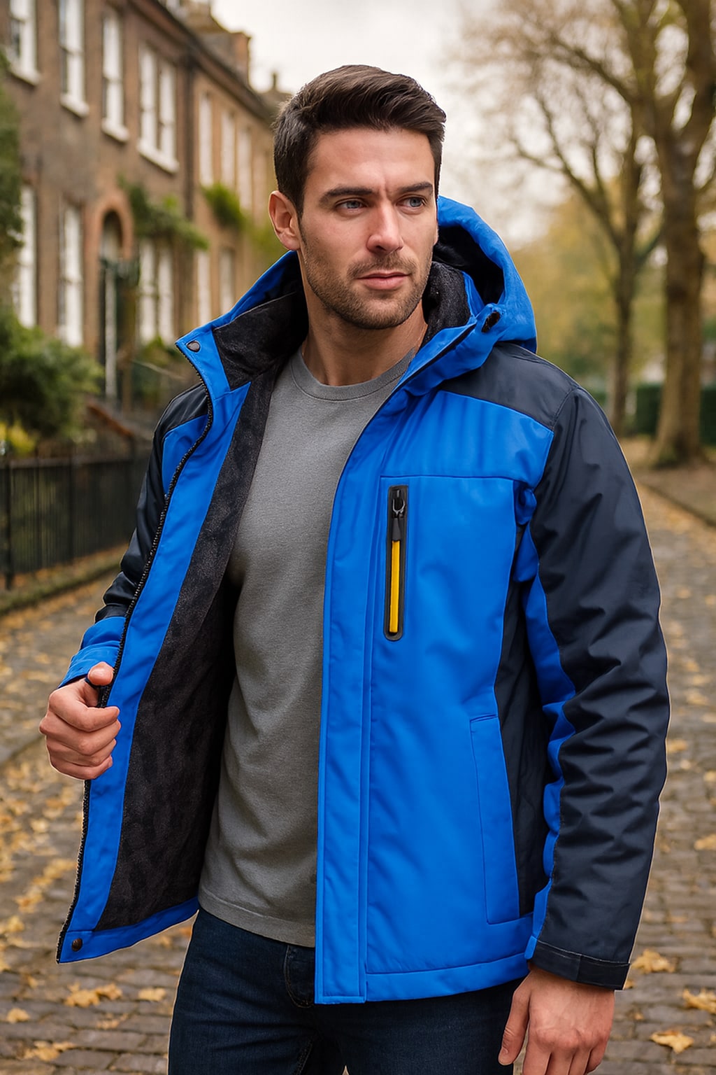 Man wearing the men's padded jacket on an autumn street