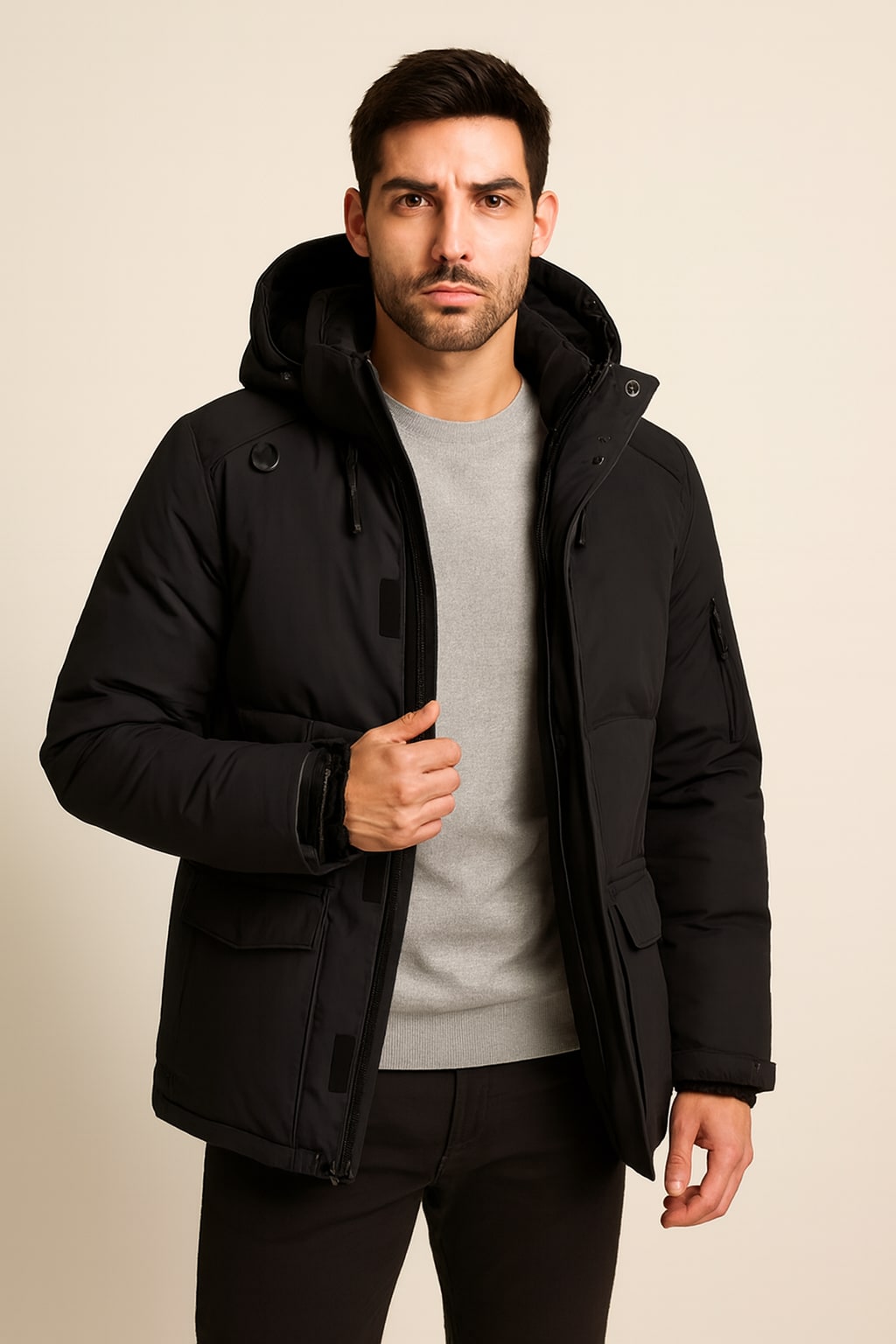 Men's Parka Jacket in black, padded fleece-lined winter parka, worn open to show the black fleece lining