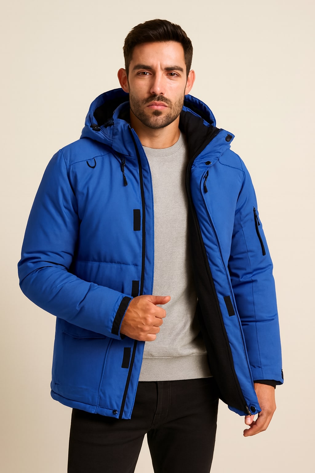 Men's Parka Jacket in blue, padded fleece-lined winter parka, worn open to show the black fleece lining