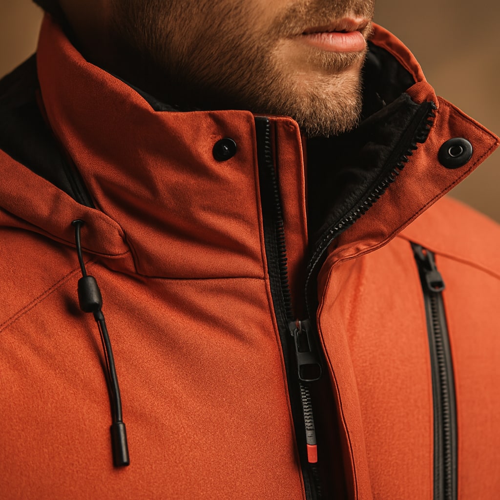 Close-up of the men's parka jacket showing the hood and storm flap