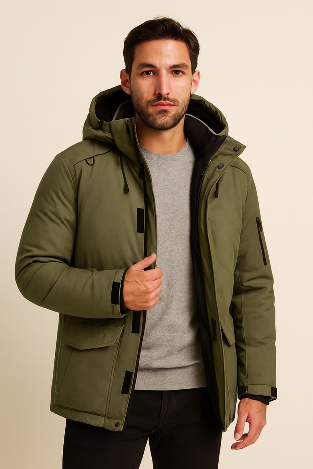 Men's Parka Jacket in green, padded fleece-lined winter parka, worn open to show the black fleece lining