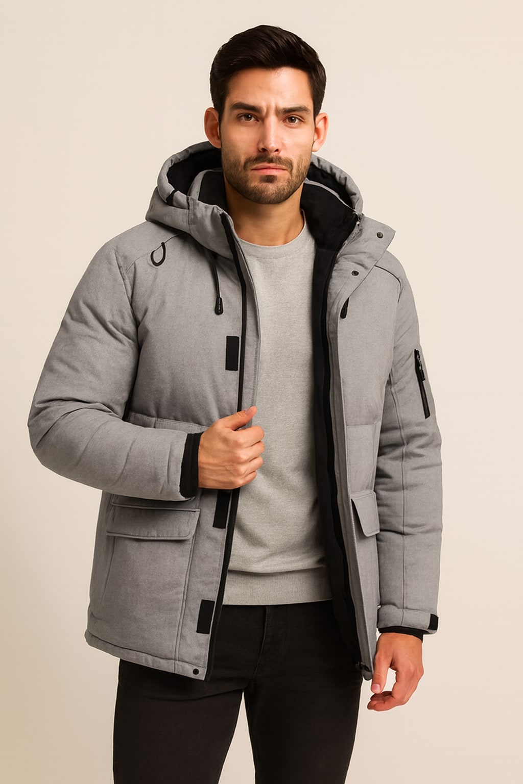 Men's Parka Jacket in grey, padded fleece-lined winter parka, worn open to show the black fleece lining