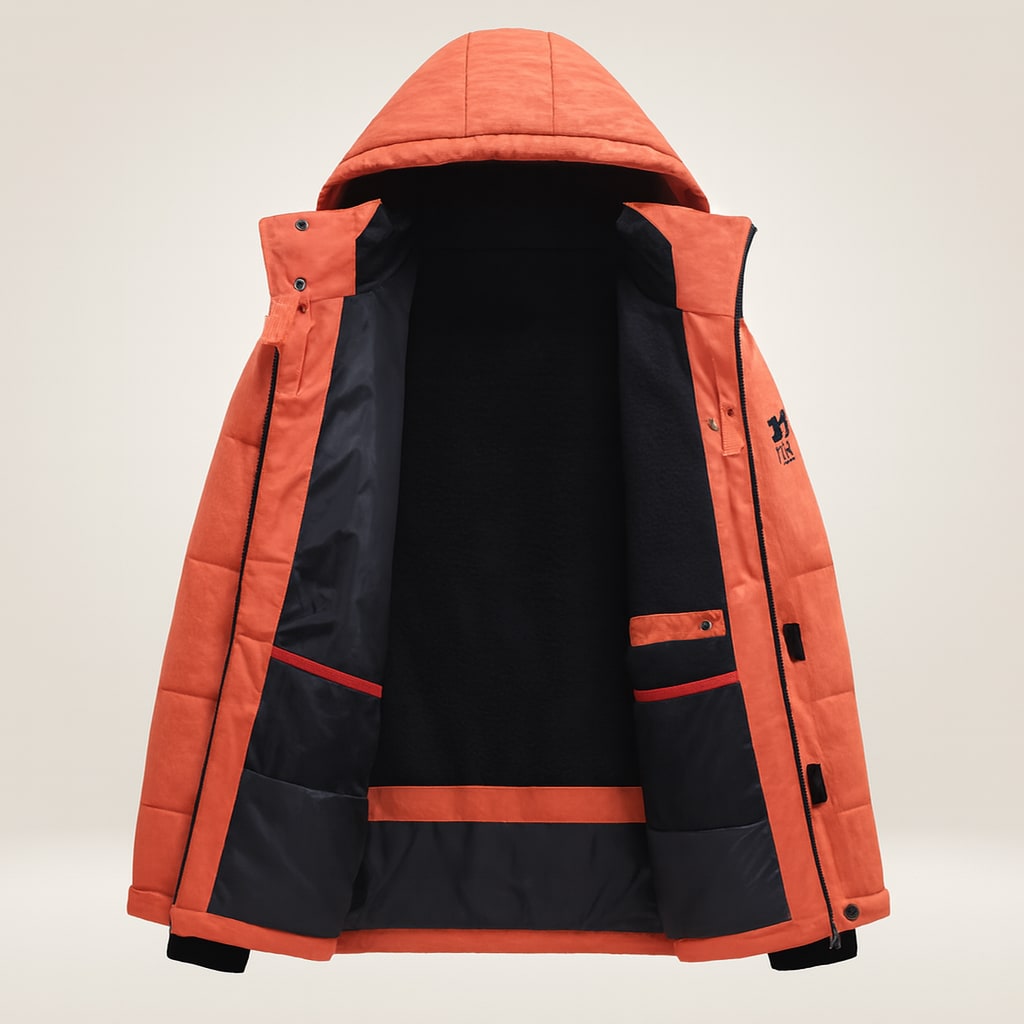 Inside view of the men's parka jacket in orange showing the black fleece lining