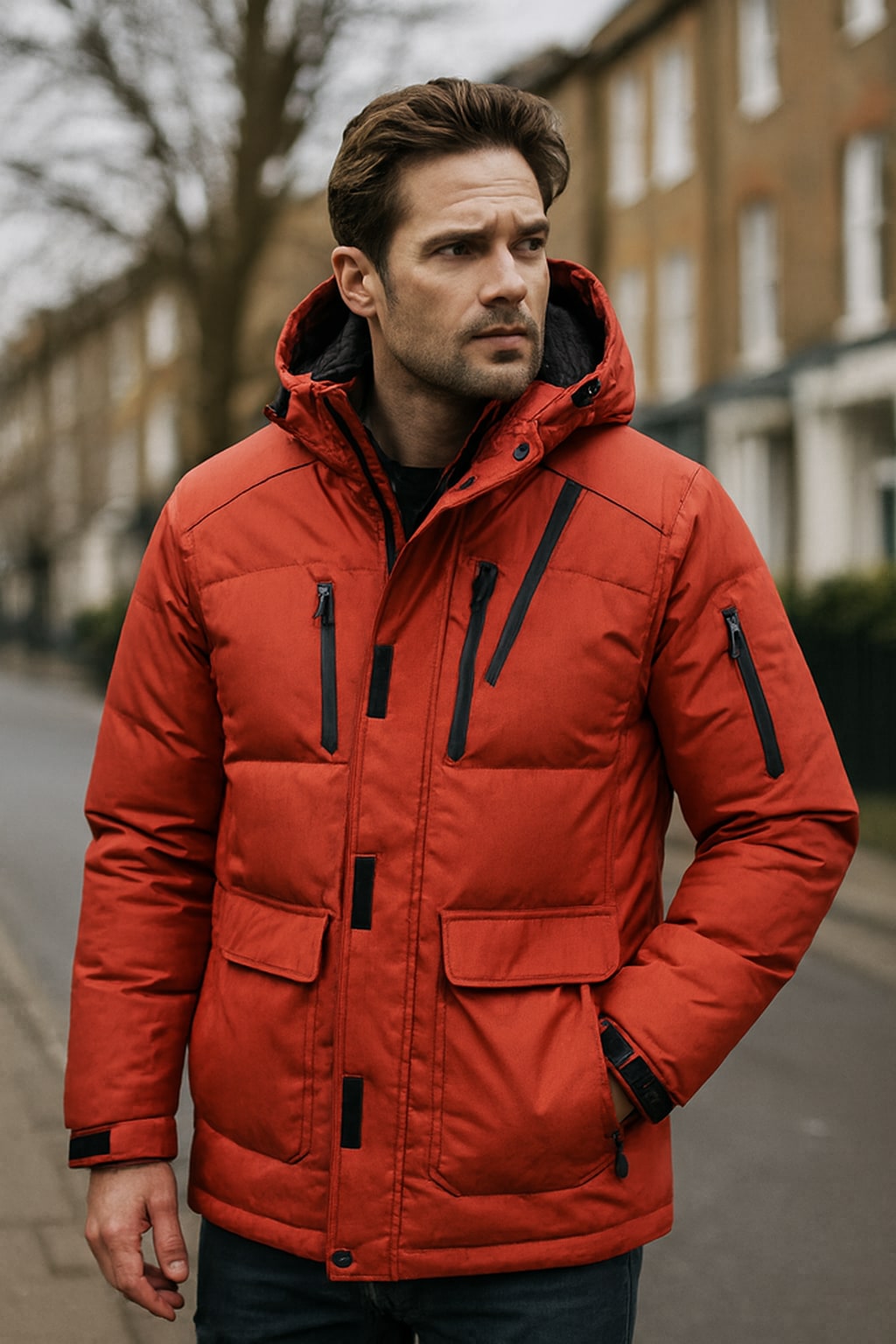 Man wearing the men's parka jacket on an autumn street
