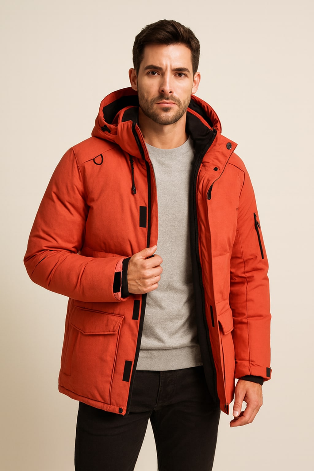 Men's Parka Jacket in orange, padded fleece-lined winter parka, worn open to show the black fleece lining