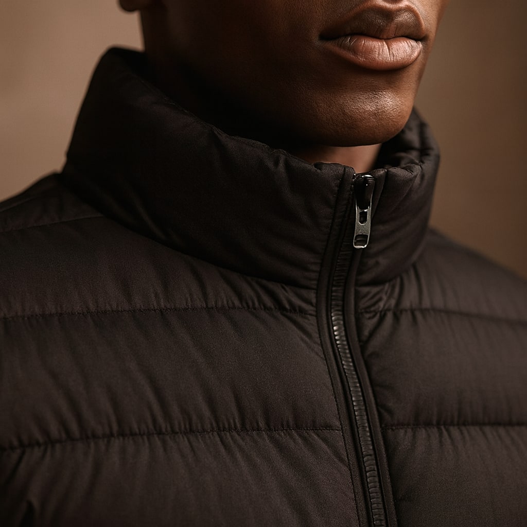 Close-up of the men's puffer jacket showing the quilting