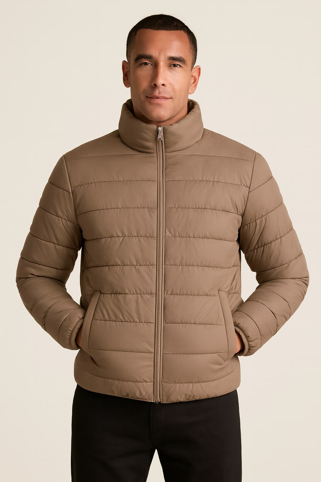 Men's Puffer Jacket in light brown, quilted zip-up winter coat, front view on a model
