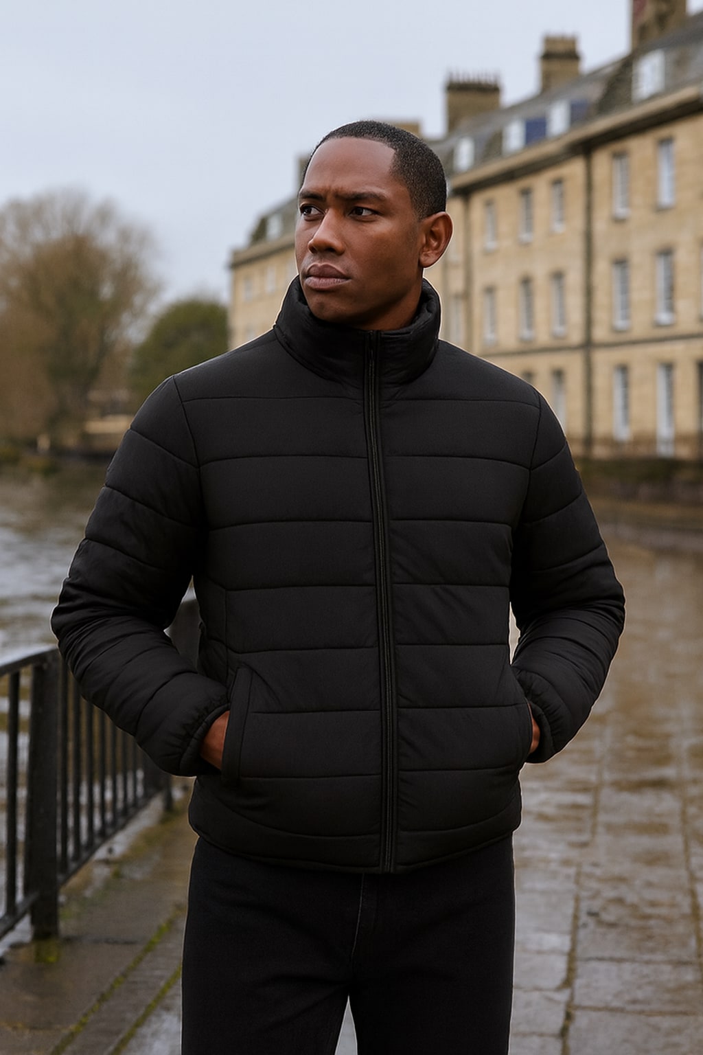 Man wearing the men's puffer jacket on an autumn street