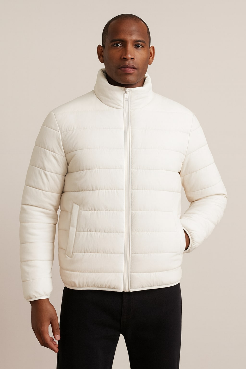 Men's Puffer Jacket in white, quilted zip-up winter coat, front view on a model
