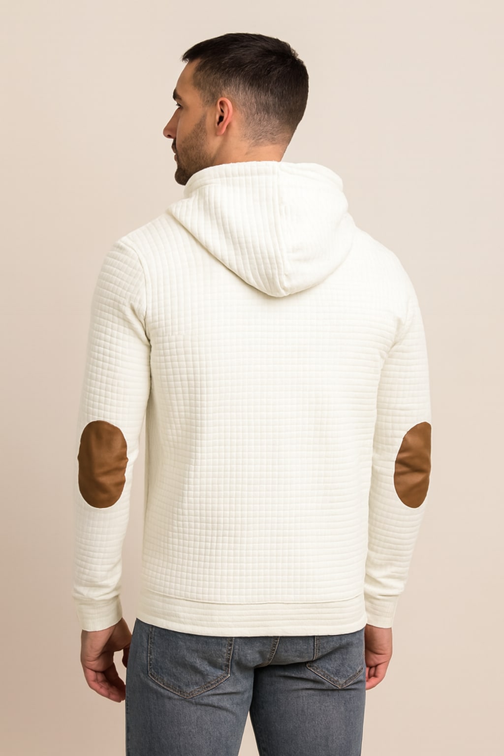 Back view of the men's pullover hoodie in white on a model