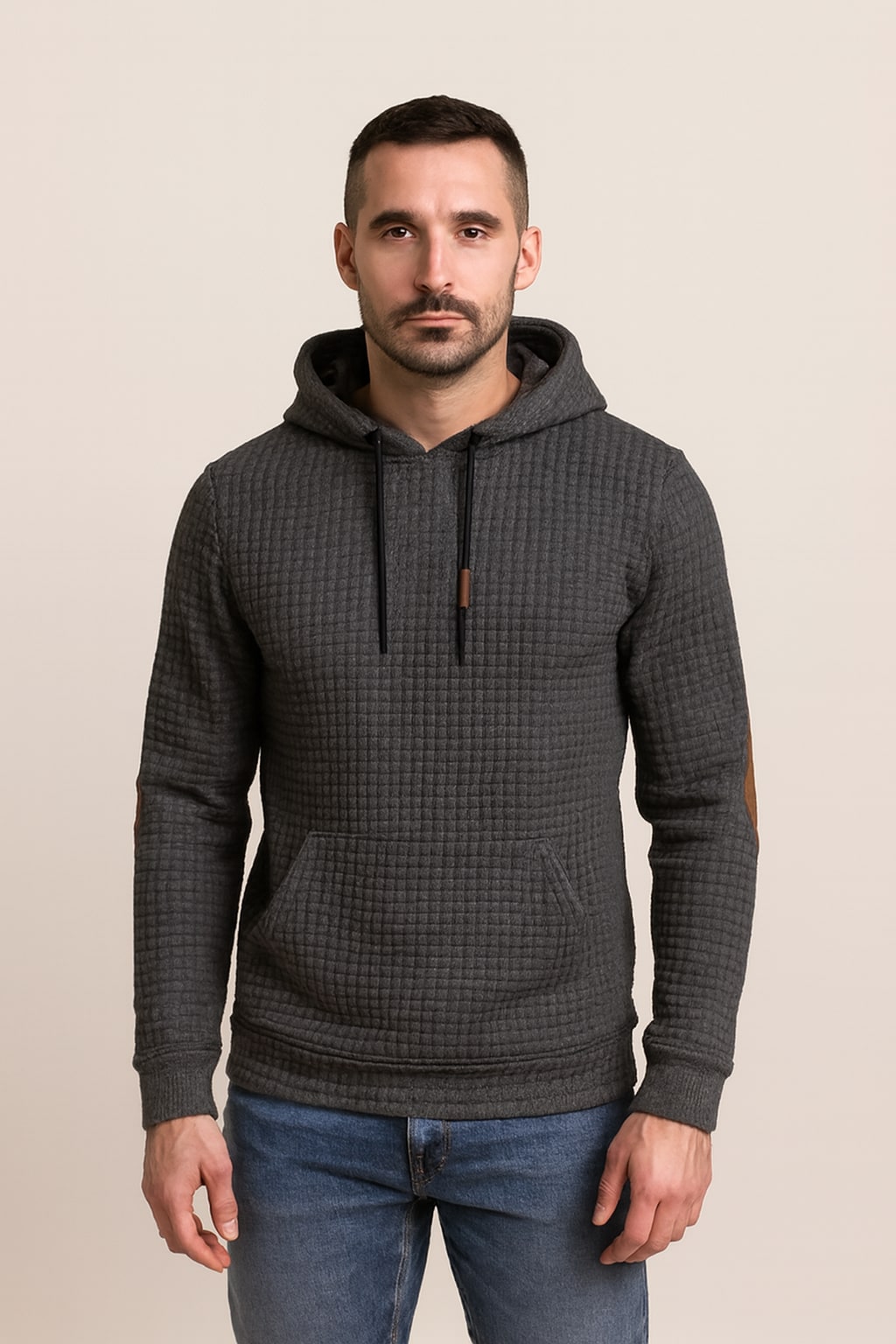 Men's Pullover Hoodie in dark grey, classic drawstring hood, front view on a model