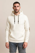 Men's Pullover Hoodie in white, classic drawstring hood, front view on a model