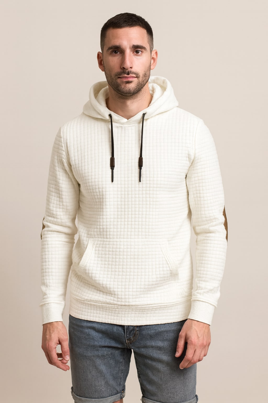 Men's Pullover Hoodie in white, classic drawstring hood, front view on a model
