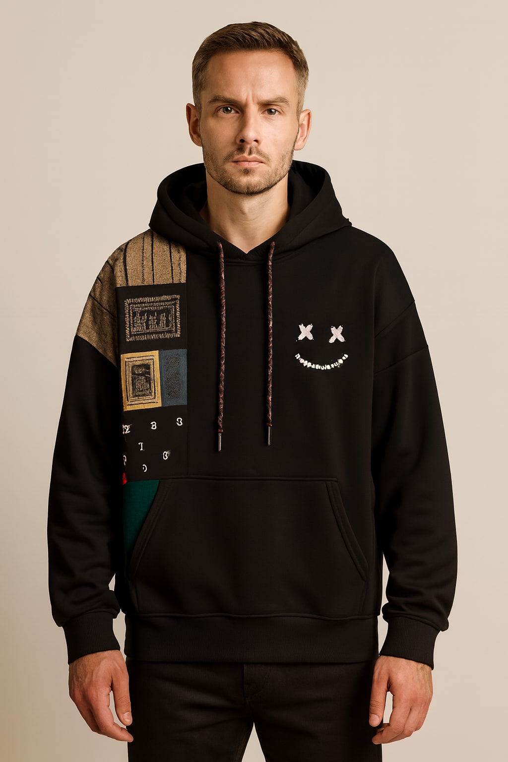 Men's Pullover Hoodie in black, contrast colour block, front view on a model