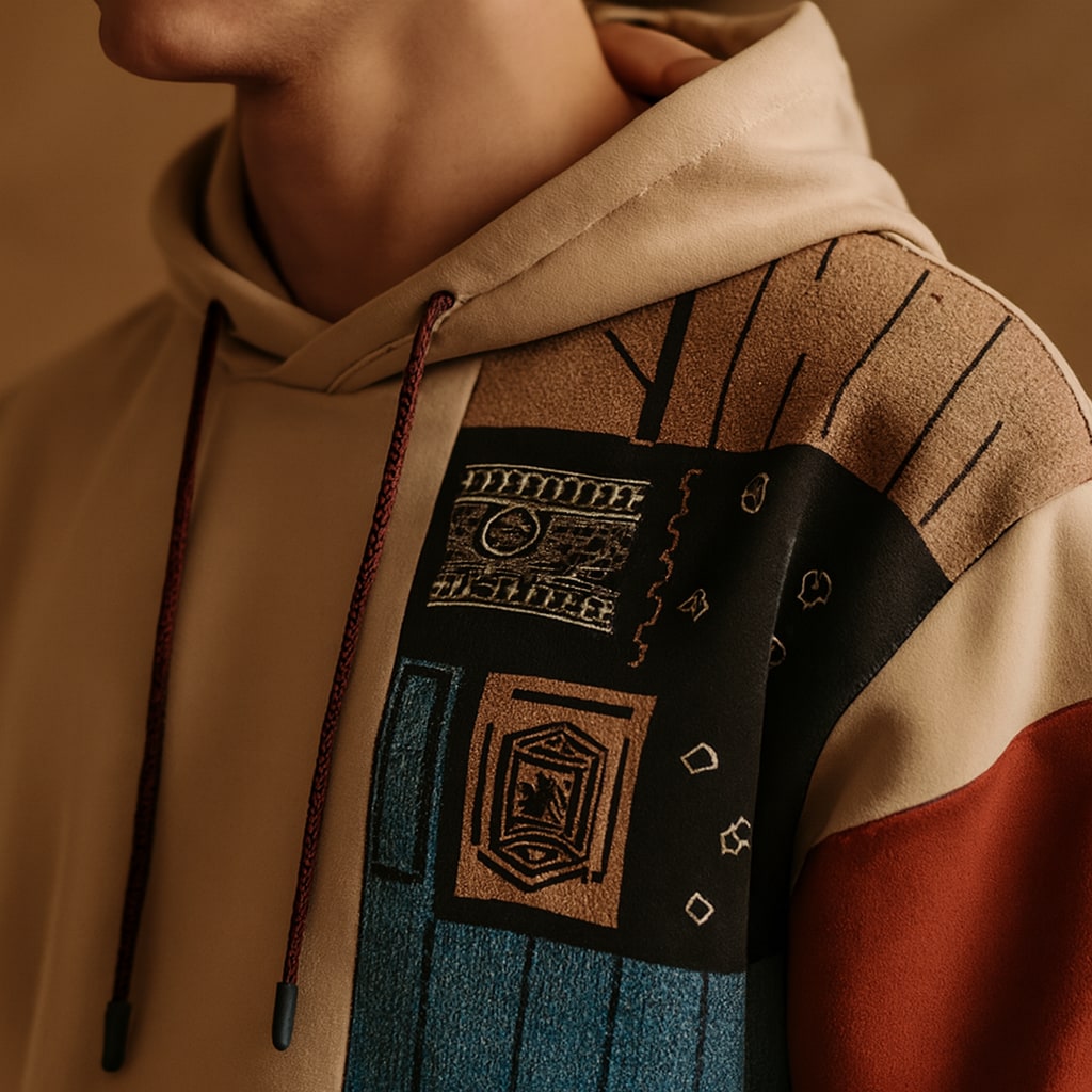Close-up of the men's pullover hoodie showing the patchwork sleeve