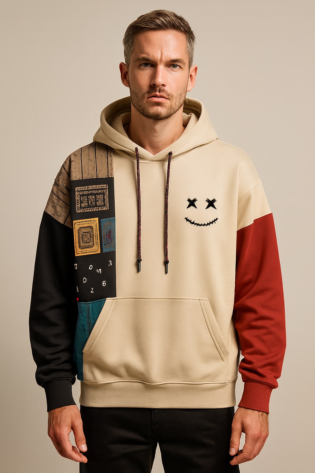 Men's Pullover Hoodie in khaki, contrast colour block, front view on a model