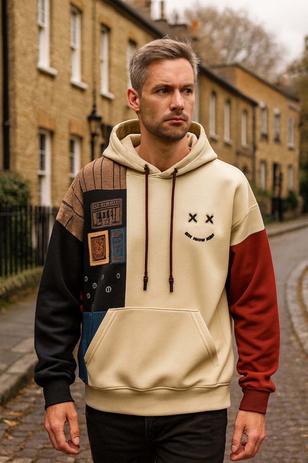 Man wearing the men's pullover hoodie on an autumn street