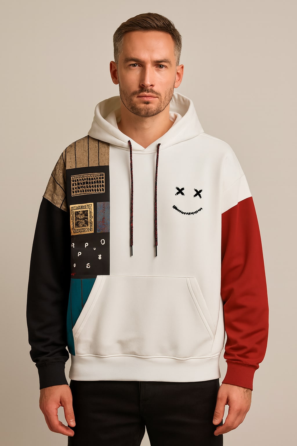 Men's Pullover Hoodie in white, contrast colour block, front view on a model