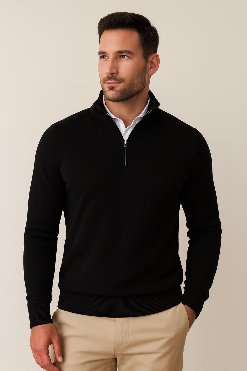 Men's Quarter Zip Jumper in black, knitted zip neck pullover, front view on a model