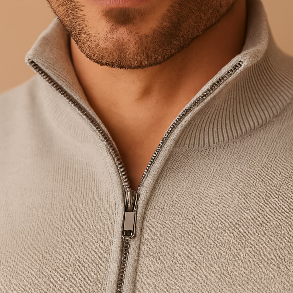 Close-up of the men's quarter zip jumper showing the zip neck