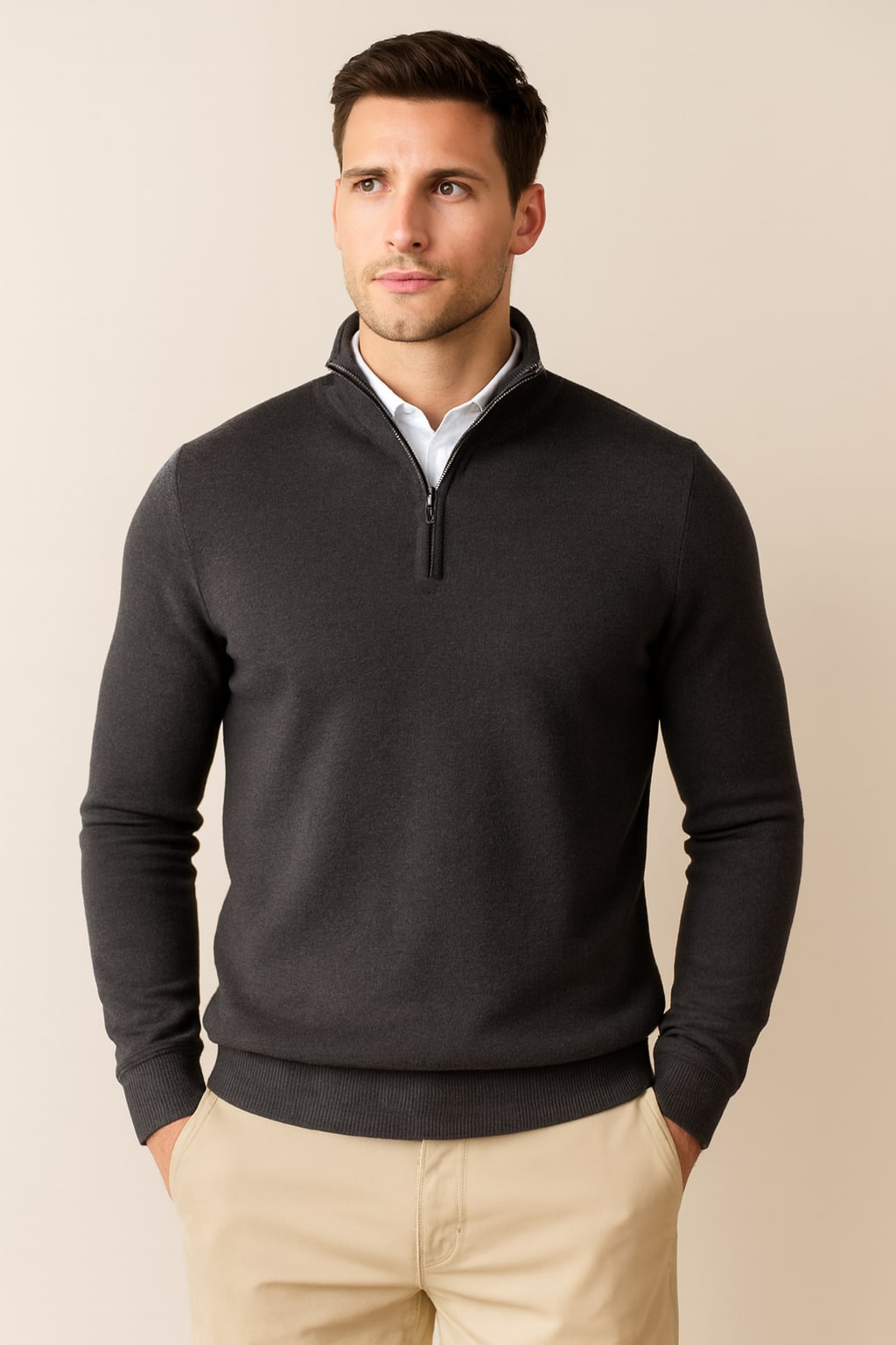 Men's Quarter Zip Jumper in dark grey, knitted zip neck pullover, front view on a model