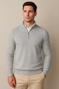 Men's Quarter Zip Jumper in light grey, knitted zip neck pullover, front view on a model