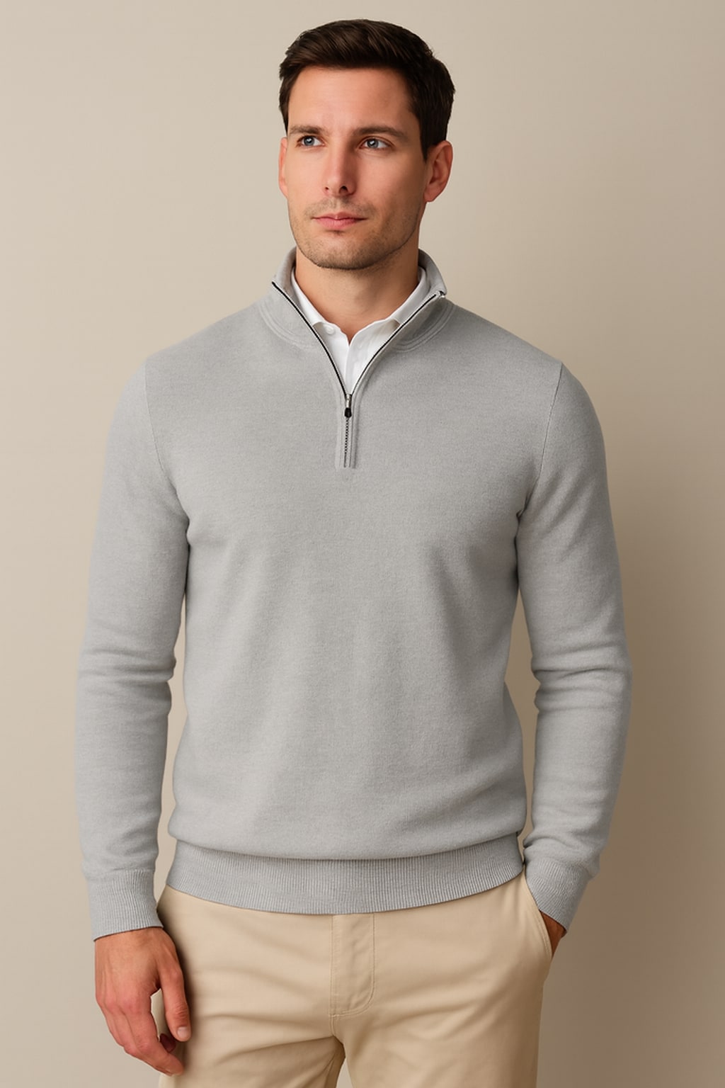 Men's Quarter Zip Jumper in light grey, knitted zip neck pullover, front view on a model