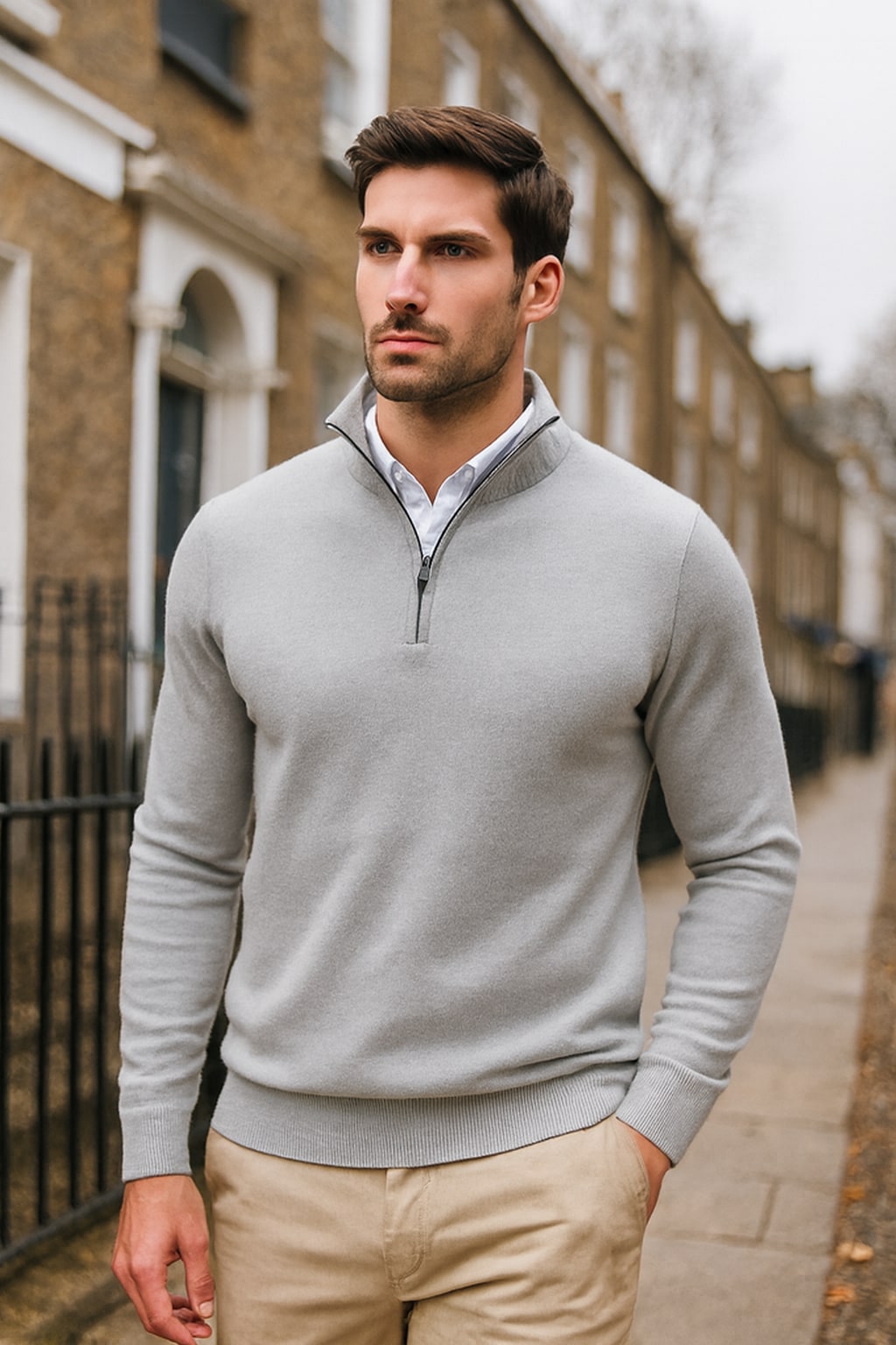 Man wearing the men's quarter zip jumper on an autumn street