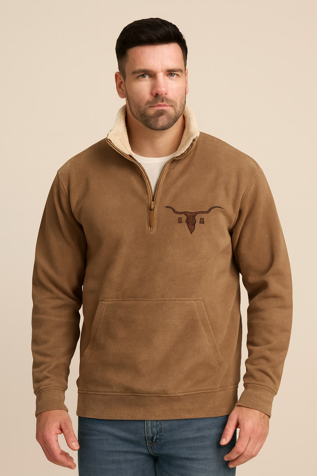 Men's Quarter Zip Sweatshirt in brown, western sherpa collar pullover, front view on a model