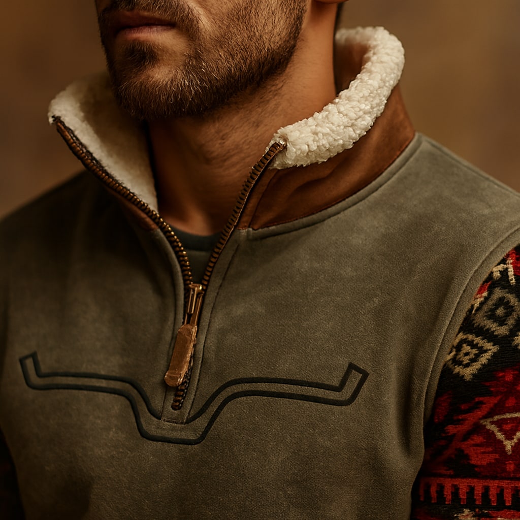 Close-up of the men's quarter zip sweatshirt showing the sherpa collar