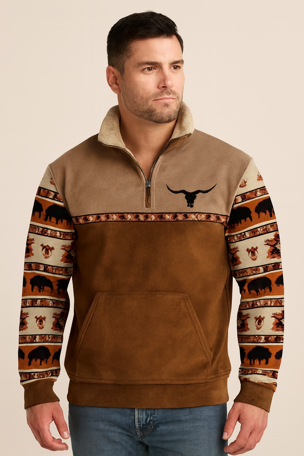 Men's Quarter Zip Sweatshirt in dark brown, western sherpa collar pullover, front view on a model