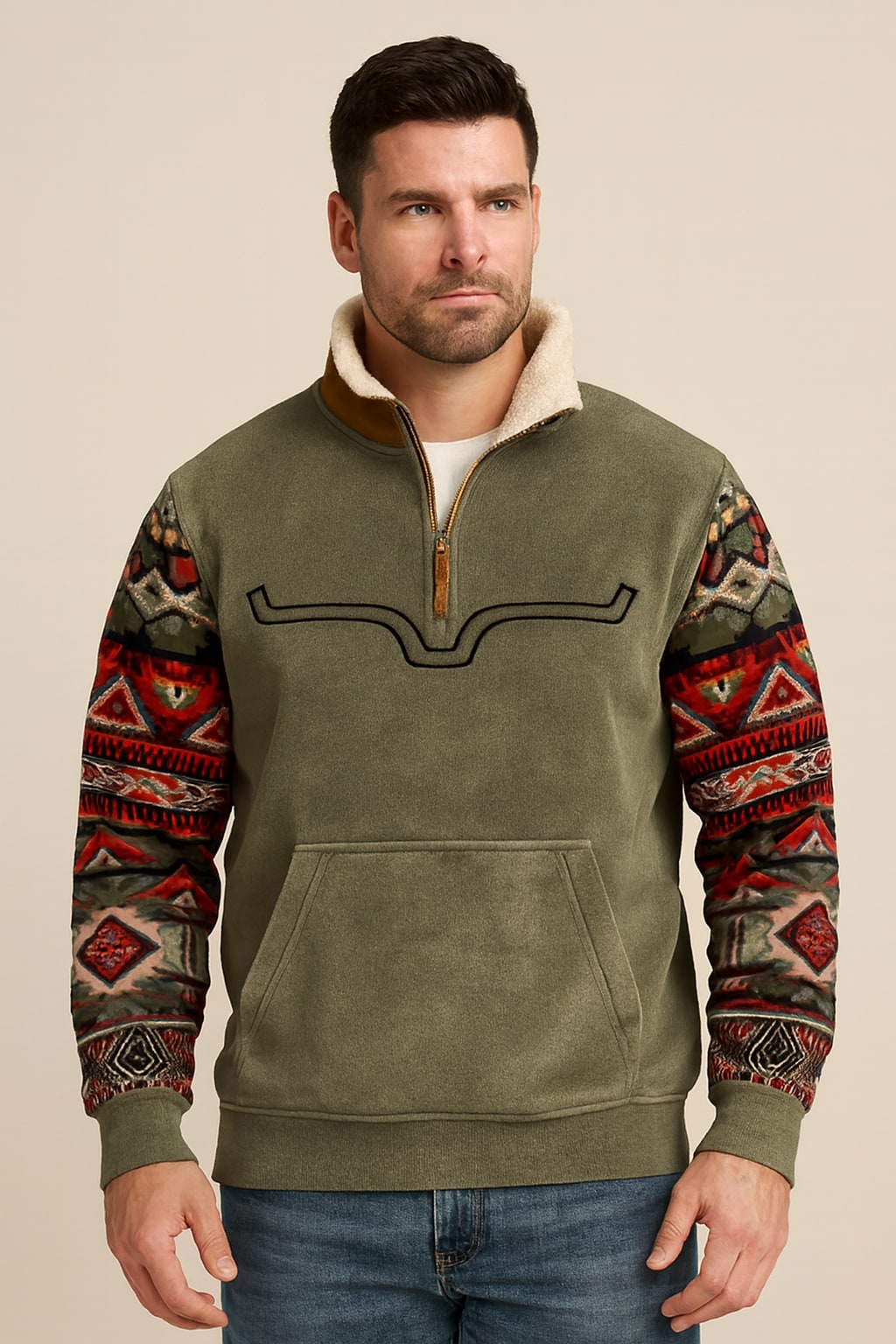 Men's Quarter Zip Sweatshirt in green, western sherpa collar pullover, front view on a model