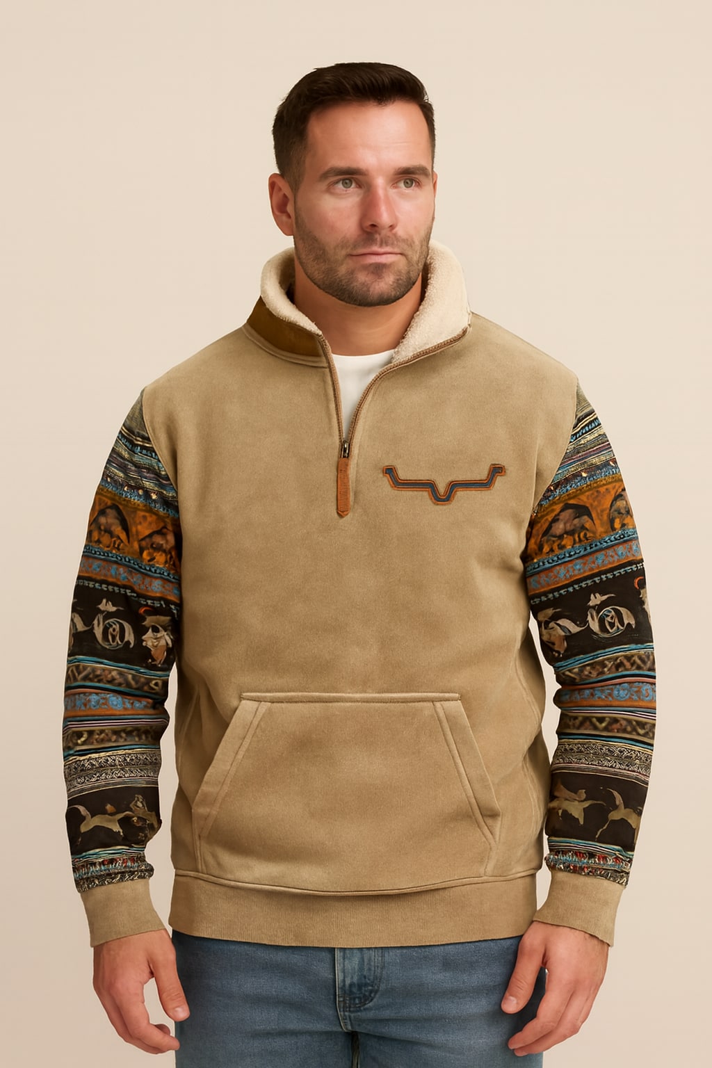 Men's Quarter Zip Sweatshirt in khaki, western sherpa collar pullover, front view on a model