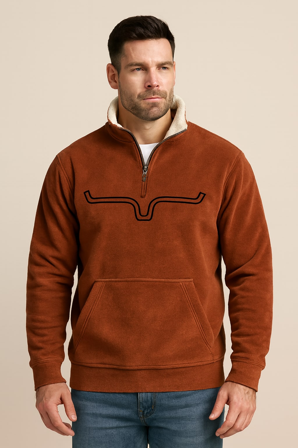 Men's Quarter Zip Sweatshirt in orange, western sherpa collar pullover, front view on a model